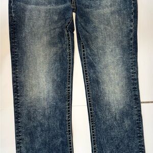 Buckle Men's BKE Jake Boot  Leg Denim Jeans Blue Distressed Stretch, 36R